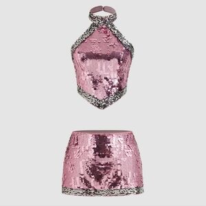 PINK AND SILVER SEQUIN SPARKLY MATCHING SKIRT AND TOP SET